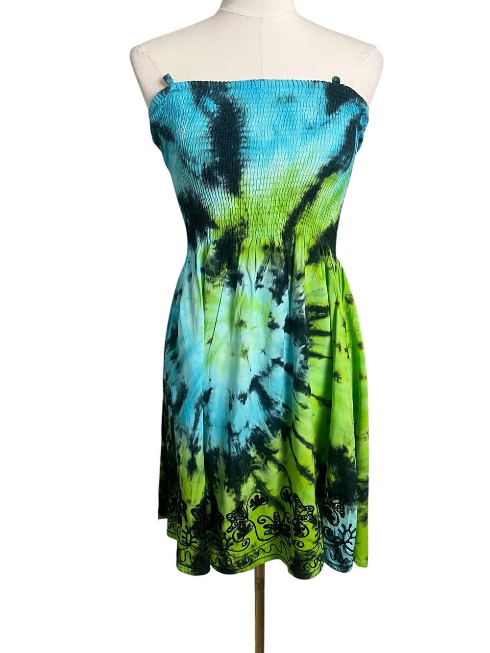 Riviera Sun Tie Dye Strapless Smocked Sundress Blue Green Rayon L Cruise NWT